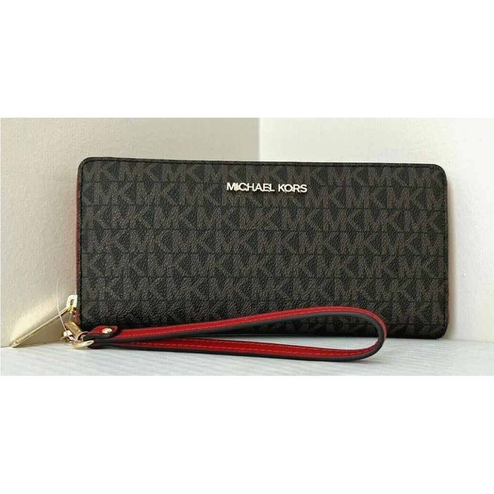 Michael Kors Dark Brown Logo Wristlet Wallet with Red Accent